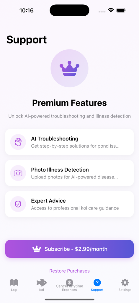 KoiAi - KoiAi app premium features screen with AI troubleshooting and photo illness detection options
