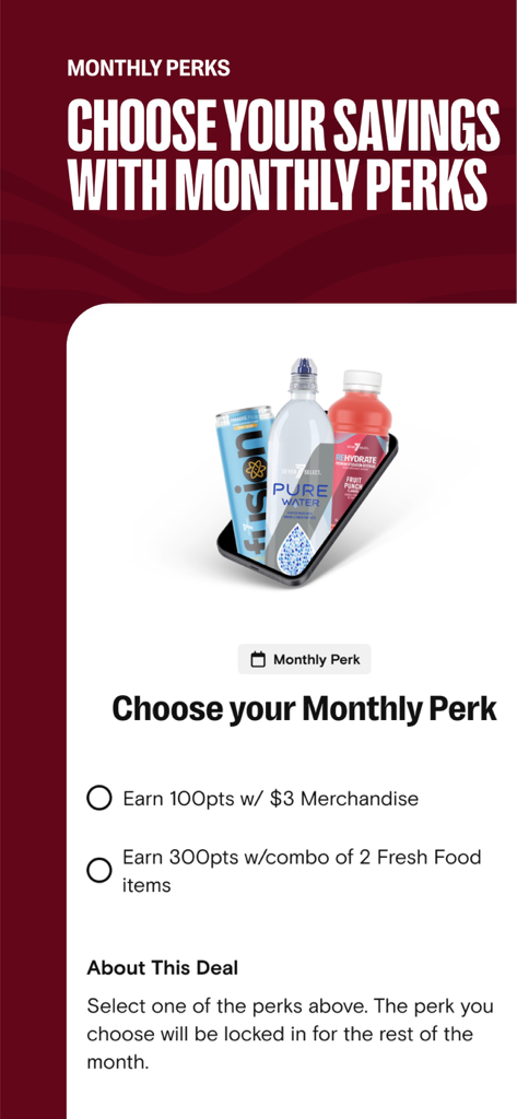 Speedway mobile app screen showing options to choose monthly rewards perks for merchandise or fresh food items