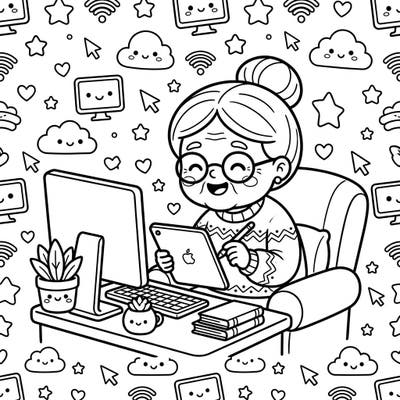 Celebrate the joy of technology with this charming Kawaii coloring page featuring a happy elderly woman immersed in her digital world. This delightful design is perfect for all ages, blending modern tech with an irresistibly cute aesthetic.