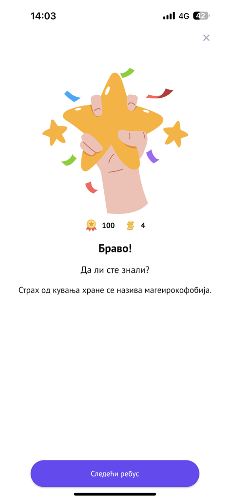 Tela de recompensa no aplicativo Elemental Mini mostrando uma mão segurando uma estrela dourada com moedas ganhas e um fato educacional.