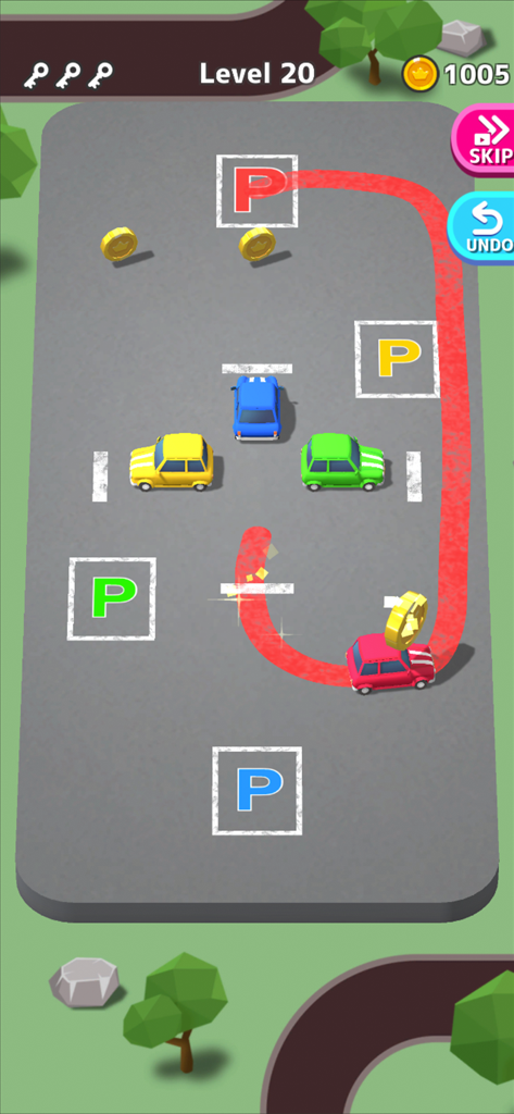 Park Master - Gameplay de Park Master montrant une voiture rouge suivant un chemin dessiné vers sa place de stationnement désignée