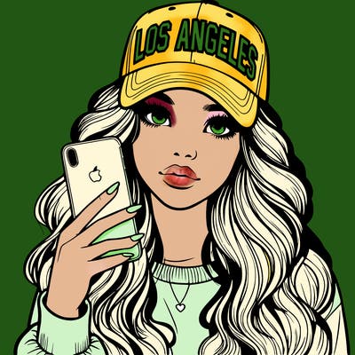 realistic beautiful girl wearing los ángeles cap holding an iphone