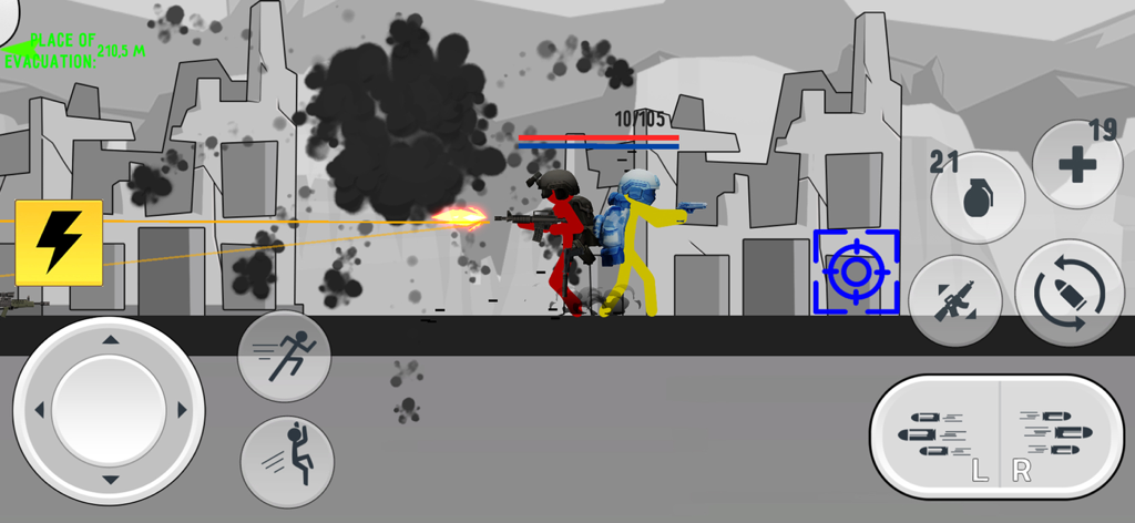 Stick Warfare Battle Strike - Stick figure characters in a fast-paced gunfight within a ruined city.