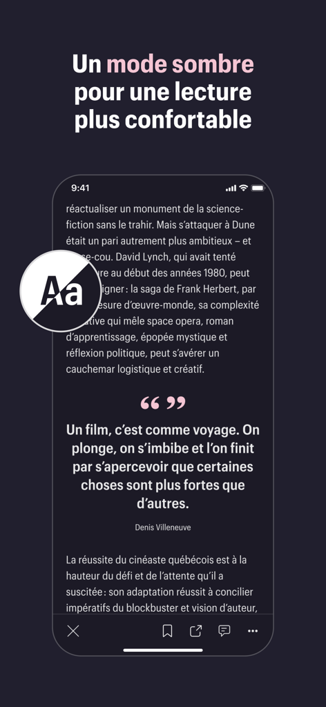 Télérama : culture, tv, cinéma - Screenshot of the Telerama app showcasing its dark mode feature for comfortable article reading