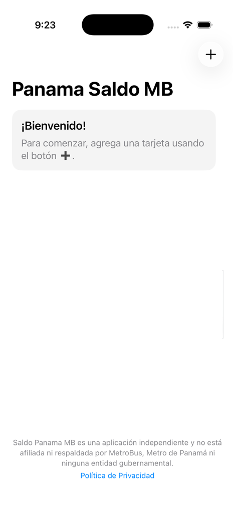 Saldo Panama MB - Interfaz principal de la aplicación Saldo Panama MB mostrando un mensaje de bienvenida y una indicación para agregar una tarjeta de tránsito