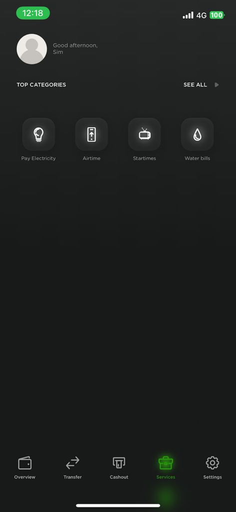 CRDB BANK SIMBANKING BURUNDI - Mobile app interface showing service categories for CRDB Bank SimBanking Burundi