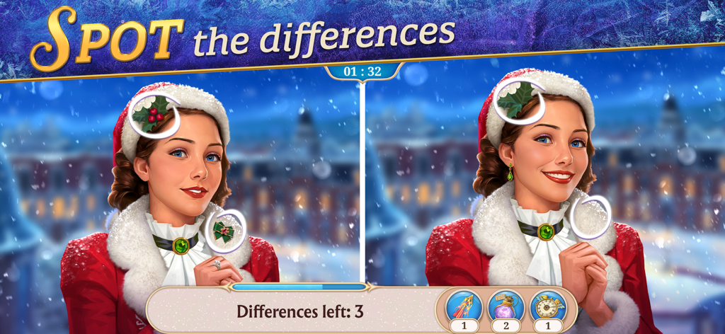 Seekers Notes: Hidden Objects - Seekers Notes gameplay showing a spot the difference puzzle with a festive Christmas theme