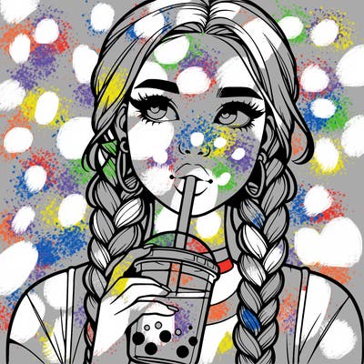 realistic girl with braided hair drinking boba