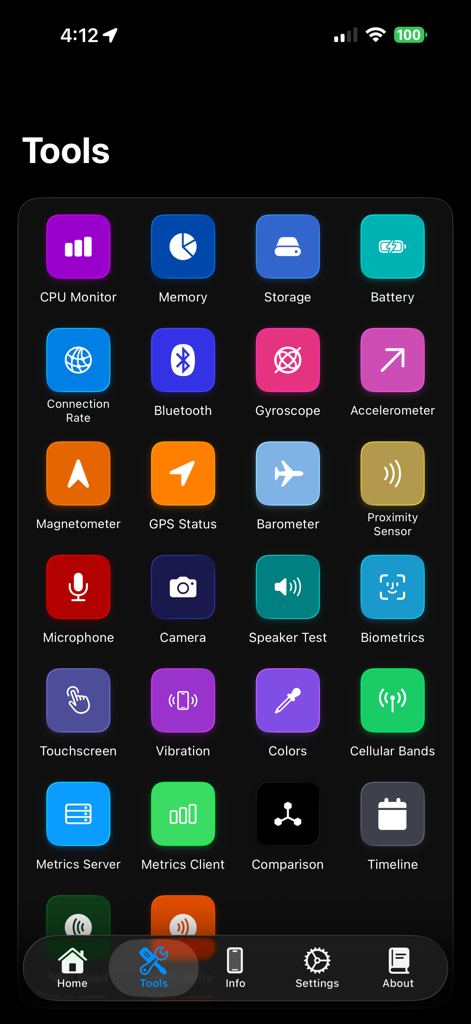 Dashboard of diagnostic tools in the Lirum Device Info app showing icons for CPU, memory, and sensors
