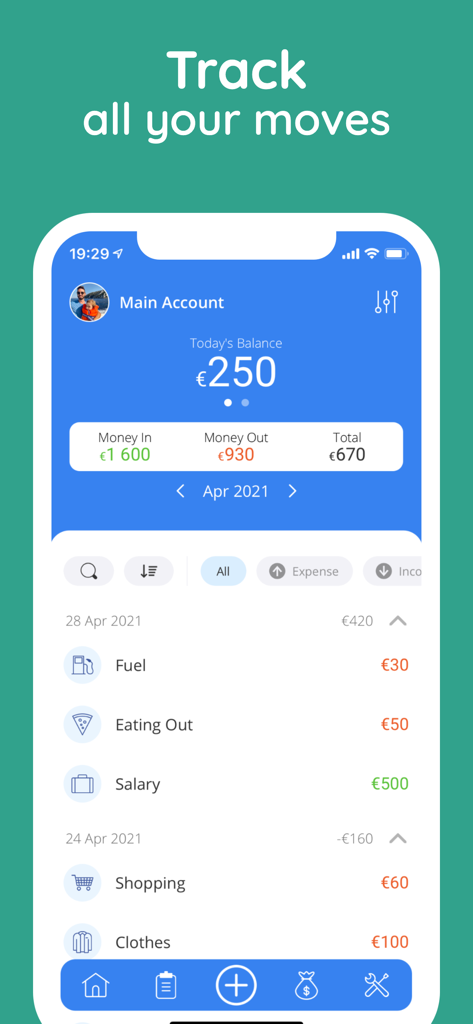 Moneyboard Budget Planner Bill - Moneyboard app screen showing financial balance and transaction history