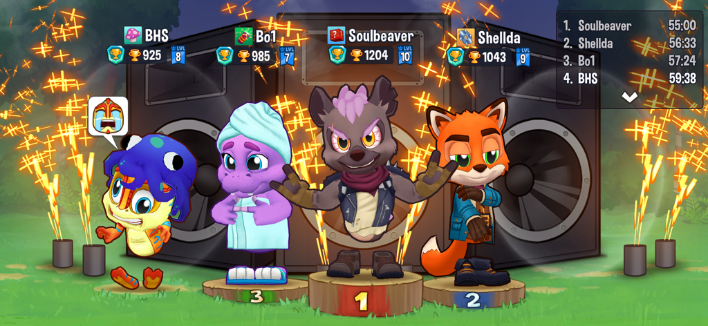 Cuatro personajes animales personalizados en un podio de ganadores con clasificaciones de la tabla de líderes