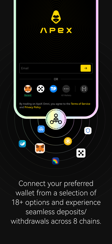 ApeX Protocol mobile app login screen showing multiple crypto wallet connection options for seamless multi-chain trading