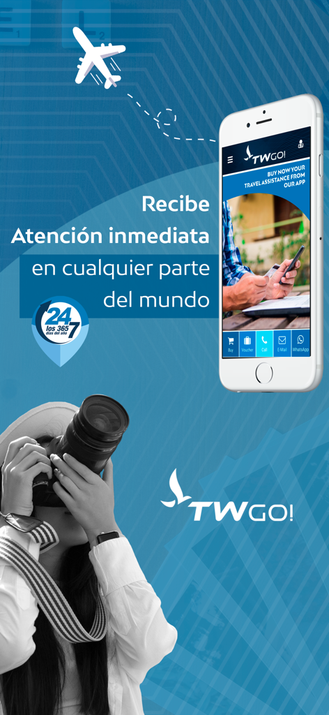 Werbebild für die Terrawind TWGo App, die 24/7-Reisehilfe und globale Abdeckung auf einem Smartphone hervorhebt
