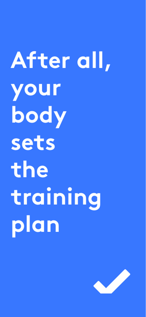 Slogan der vicoach-App, der besagt, dass Ihr Körper den Trainingsplan mit einem Häkchen-Symbol festlegt