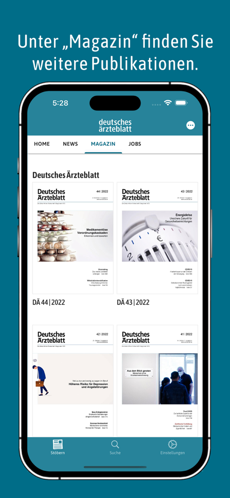 Deutsches Ärzteblatt - Magazin-Bereich der mobilen App des Deutschen Ärzteblatts mit verschiedenen Ausgabencovern für die fachliche Lektüre