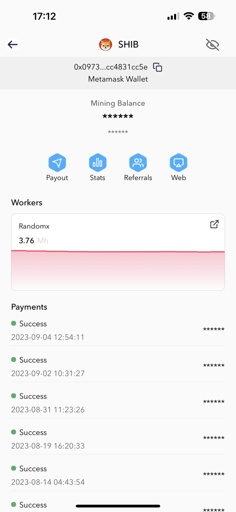 unMineable - The unMineable app dashboard displaying SHIB mining workers and payment history.
