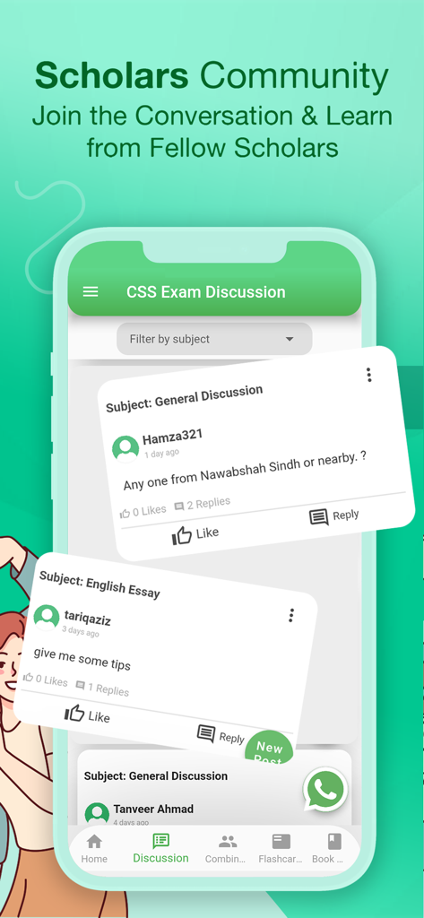 Muqabla app scholars community screen showing CSS exam discussion forum and user posts