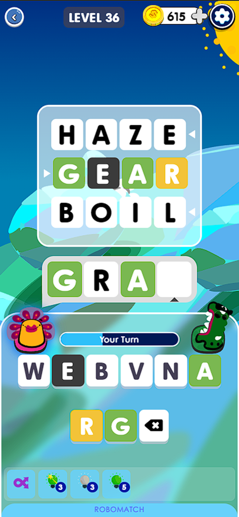 Worder: Elite 2026 Word Game - Screenshot del gioco di parole Worder che mostra la modalità di battaglia robot con tessere di lettere e puzzle di vocabolario