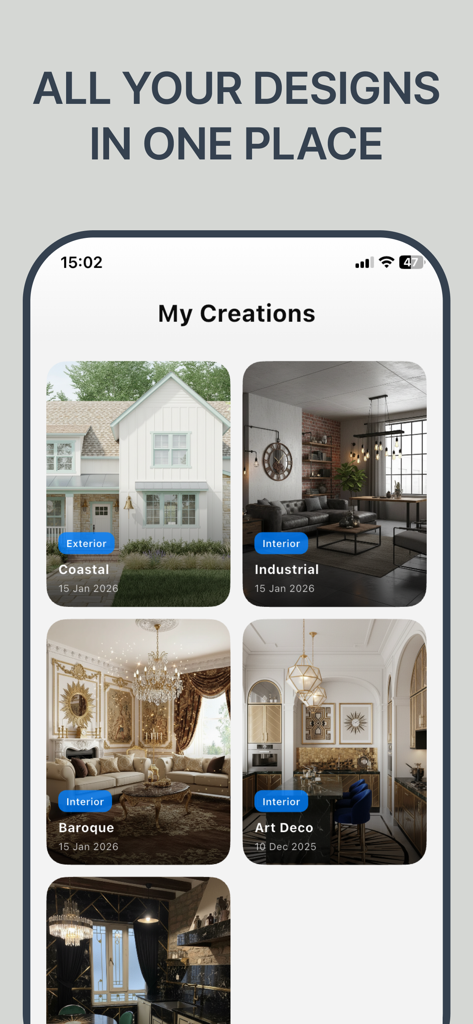 AI Home Deco Makeover Redecor - Gallery of saved interior and exterior home design projects in different styles