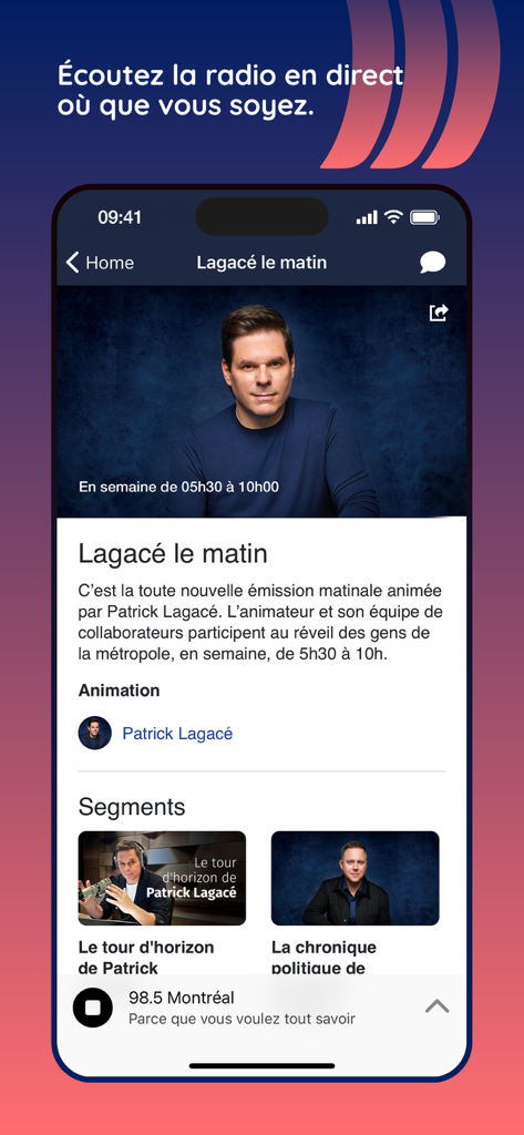 Cogeco Média - Interface of the Cogeco Media app showing the morning radio show hosted by Patrick Lagace on 98.5 FM Montreal.
