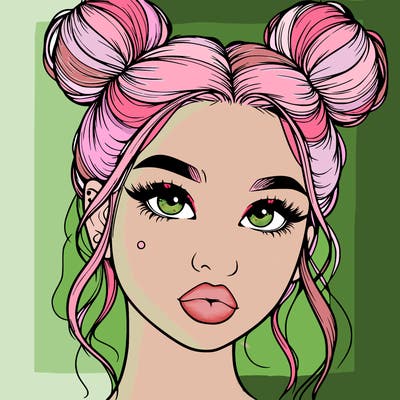 realistic girl with two buns on her hair and lips