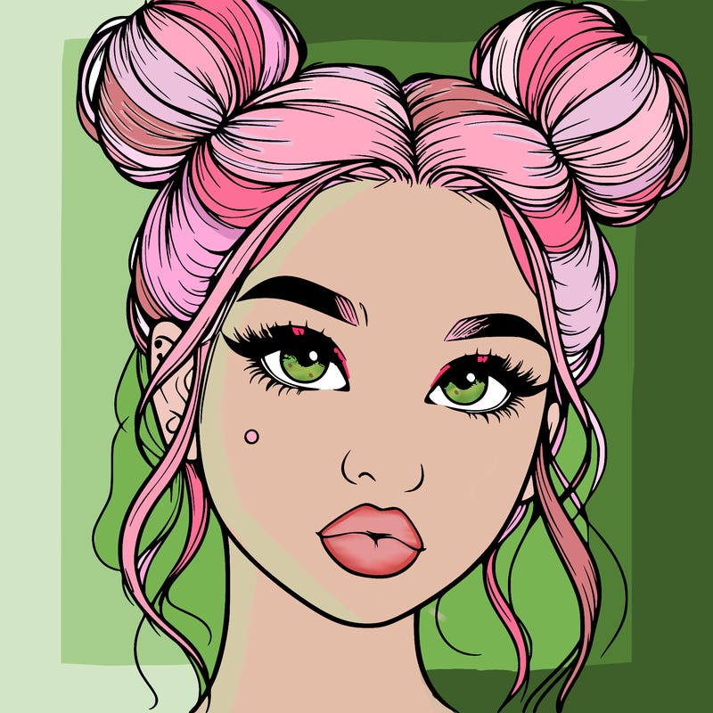 realistic girl with two buns on her hair and lips