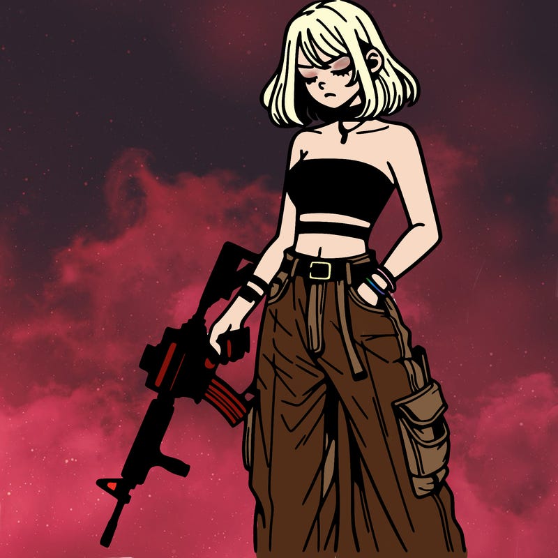 a dangerous girlcrop top and baggy jeans with a rifle in her hand