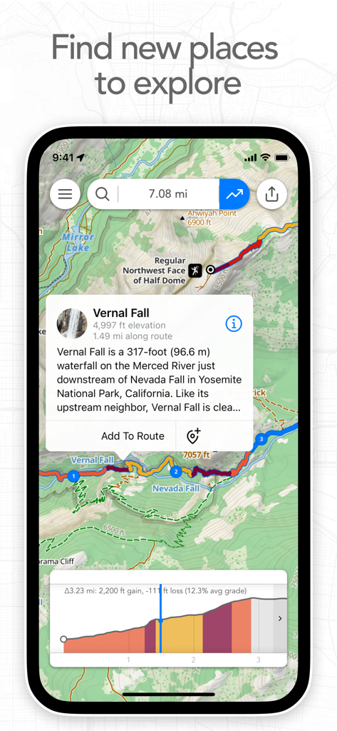 Mobile app interface displaying a hiking route in Yosemite National Park with a topographic map and elevation profile