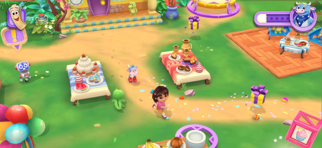 Dora and Boots walking in a garden area with party food and decorations