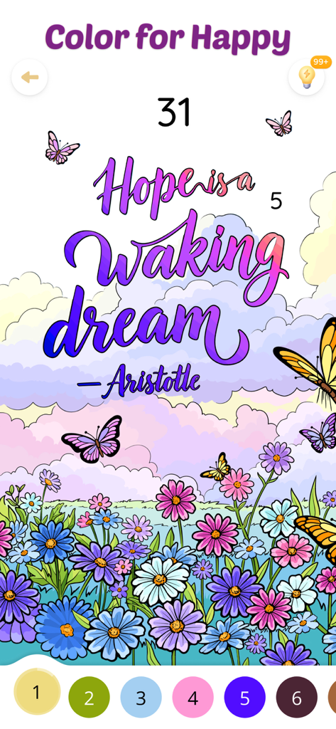 Color Aura: Paint by Number - Un écran de peinture par numéro numérique avec une citation inspirante d'Aristote et une scène florale colorée avec des papillons.