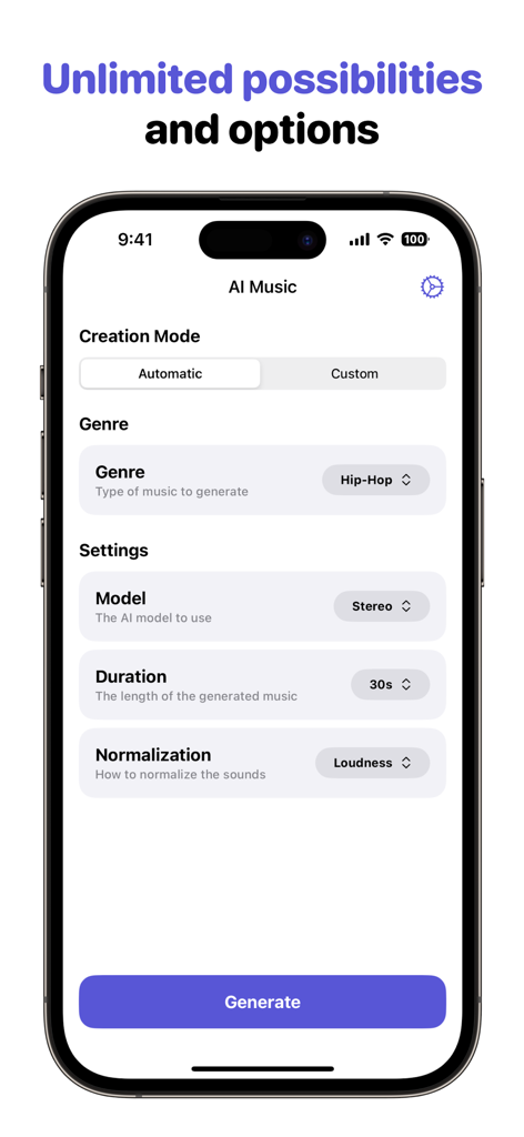 AI Music Generator, Song Maker - AI Music Generator app interface showing custom settings for genre duration and model selection
