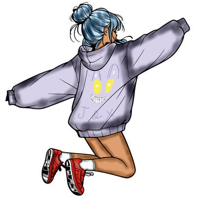 realistic girl jumping with a bun and oversized sweatshirt