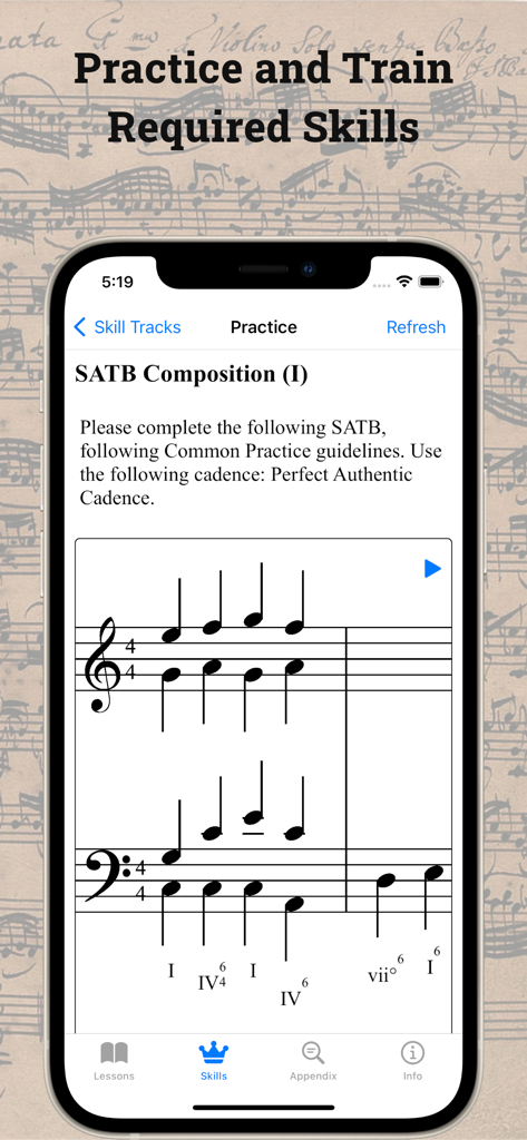 Music Theory 101: Study Course - SATB composition practice exercise screen in the Music Theory 101 app showing a four part chorale on a musical staff