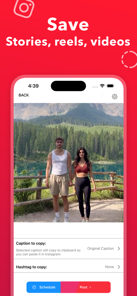 Instant Saver : Story, Reels - Mobile app screen showing options to save and repost Instagram stories and reels with caption and hashtag tools