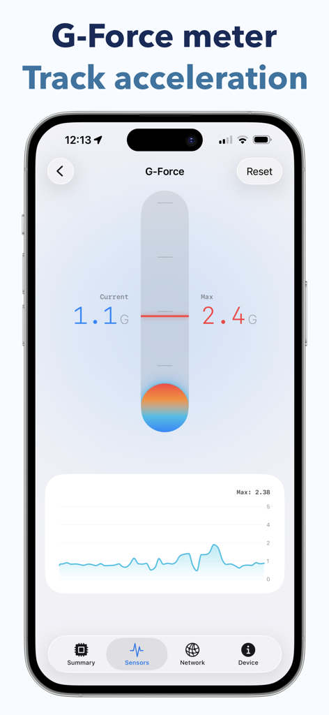 iDevice Monitor - iDevice Monitor app interface showing the G-force meter with current and maximum acceleration data and a history graph.
