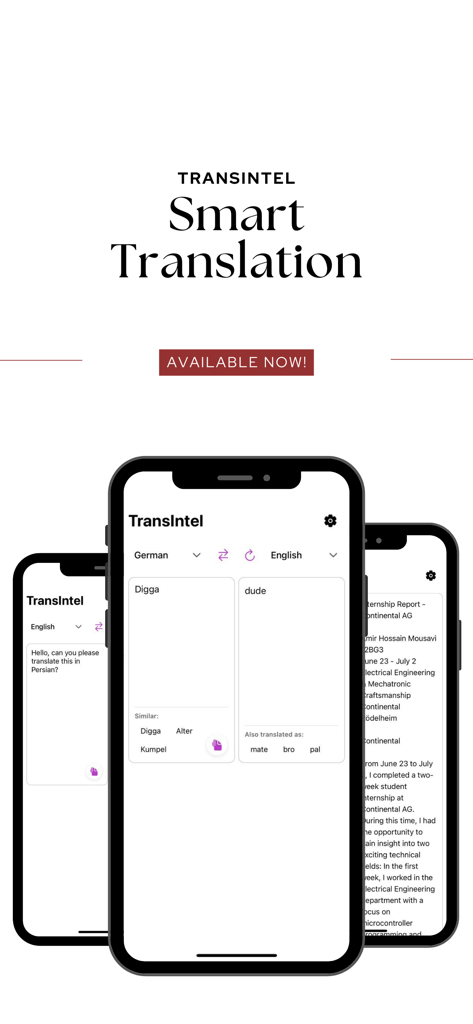 TransIntel - Translation AI - TransIntel AI translation app interface displayed on three iPhones