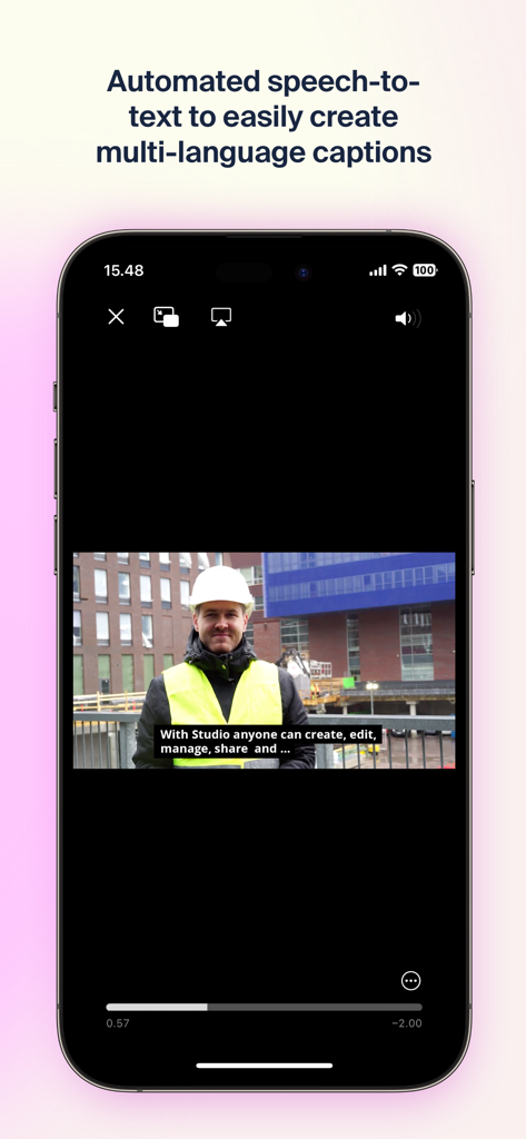 Dream Broker Studio - Dream Broker Studio mobile app displaying automated speech-to-text captions on a professional video