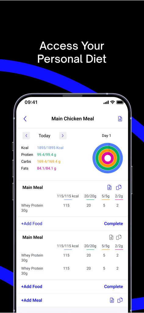 VFit - VFit mobile app interface displaying a personalized diet plan with calorie and macronutrient tracking
