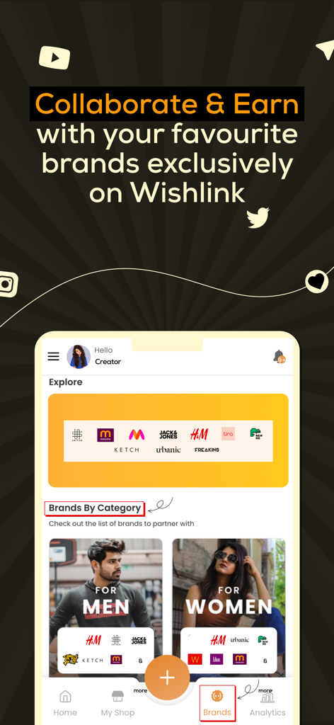 Wishlink Creator app interface showing brand partnership options for influencers including H&M and Jack and Jones