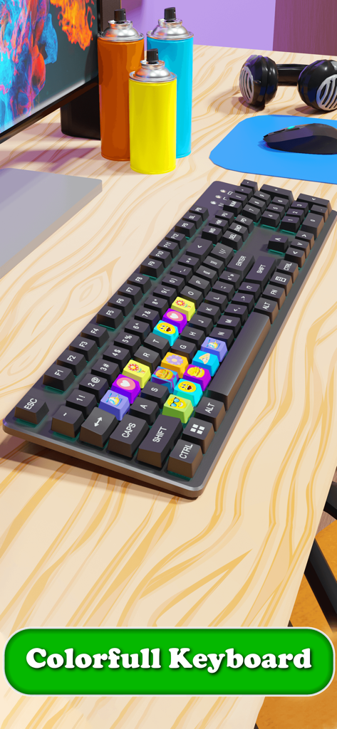 Keyboard Art Painting Master - A customized 3D keyboard with colorful emoji stickers and spray paint cans on a desk
