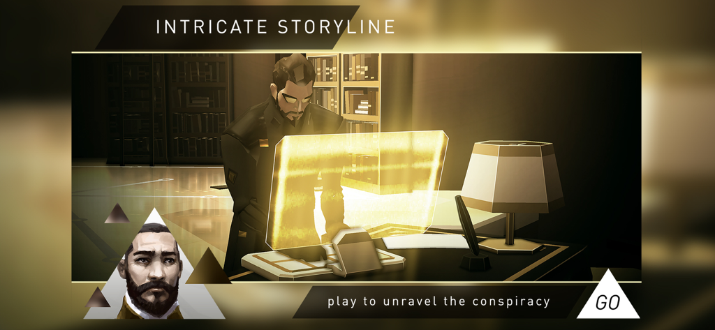 Deus Ex GO - Adam Jensen looking at a hologram in a futuristic library setting.