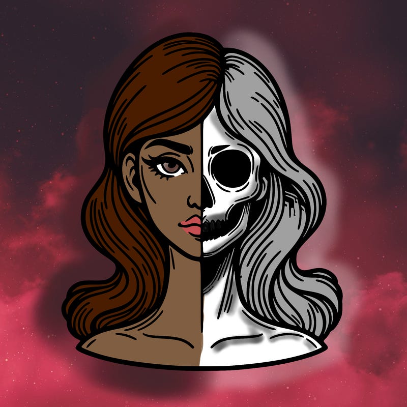 bust of a woman, half face and hair, half skull