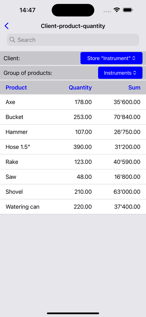Warehouse accounting - Inventory list showing product names quantities and total sums for a specific client in the Warehouse Accounting app