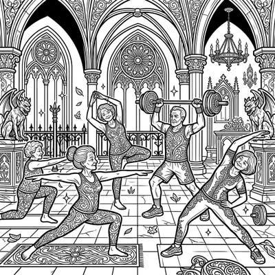 Explore a captivating coloring page where active seniors find their rhythm amidst the grandiosity of Gothic architecture. This intricate design beautifully blends fitness with the dark elegance of a historic sanctuary.