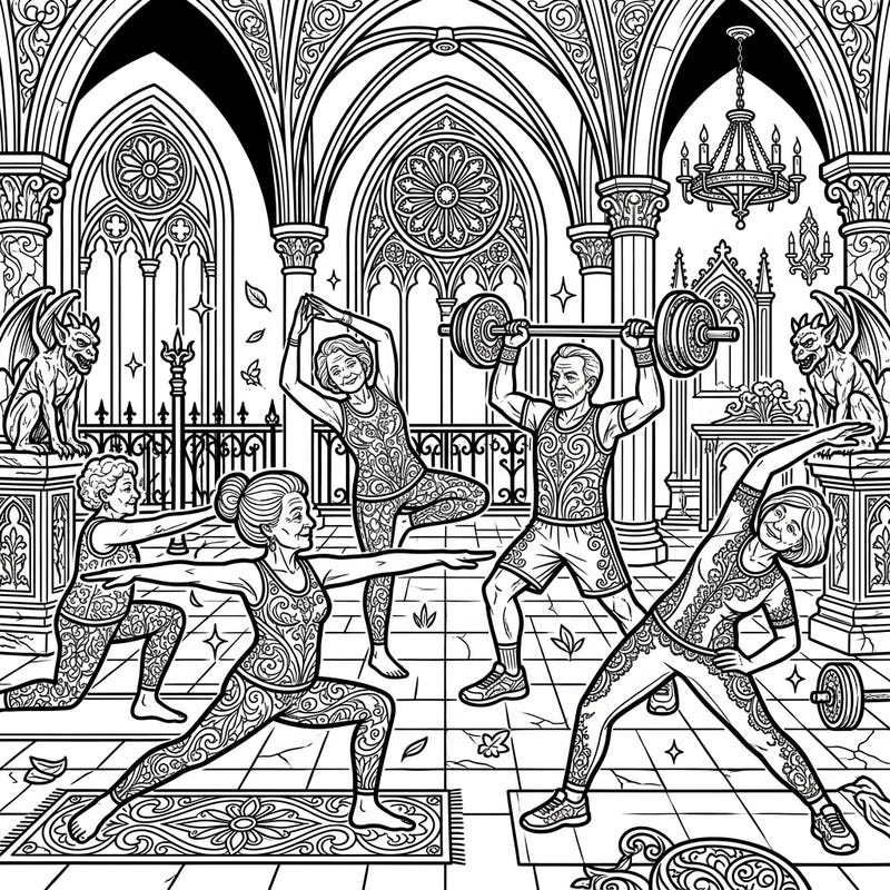 Explore a captivating coloring page where active seniors find their rhythm amidst the grandiosity of Gothic architecture. This intricate design beautifully blends fitness with the dark elegance of a historic sanctuary.