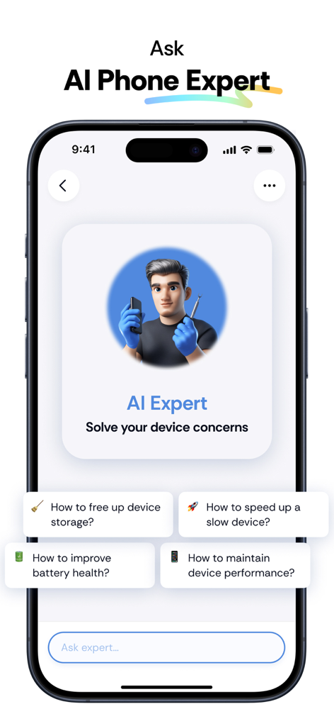 Expert Cleaner - Clean Storage - Interface of the AI Phone Expert assistant in the Expert Cleaner app showing common device maintenance suggestions