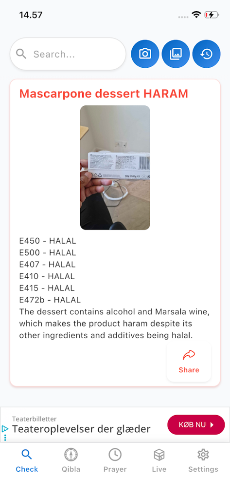 Halal Check حلال - Screenshot of the Halal Check app showing a mascarpone dessert identified as haram due to alcohol content despite halal additives