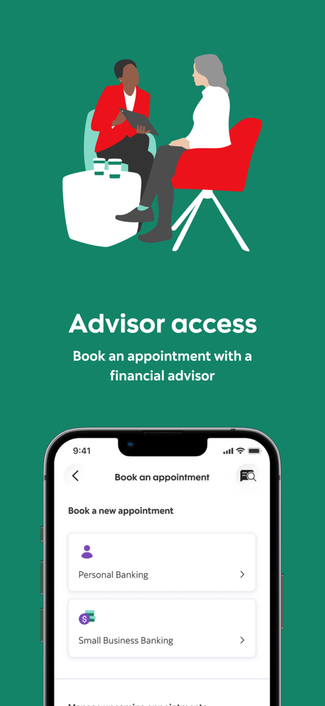 Scotiabank - Capture d'écran de l'application Scotiabank montrant l'option permettant de prendre rendez-vous avec un conseiller financier pour des services bancaires personnels ou pour petites entreprises.