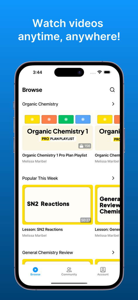 Interface do aplicativo Chemmunity mostrando aulas em vídeo de química orgânica e playlists