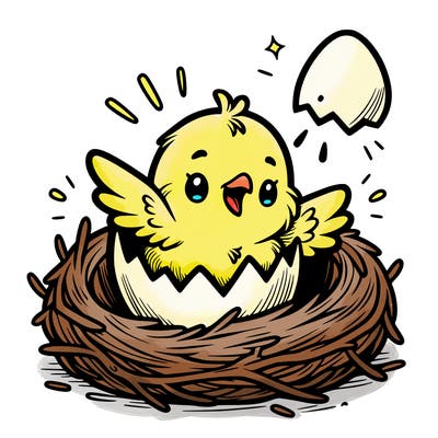 a baby chick hatching from an egg in a nest